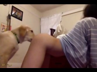 1722 Asian Licked Clean By Dog On Webcam